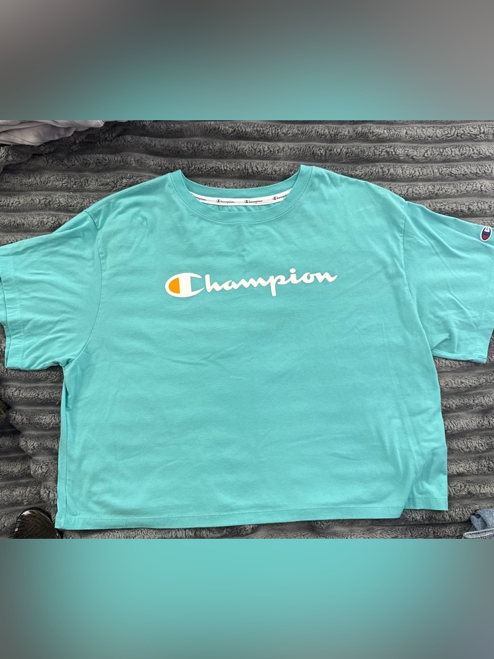 Champion Teal Crewneck T‑Shirt with Script Neck Tape